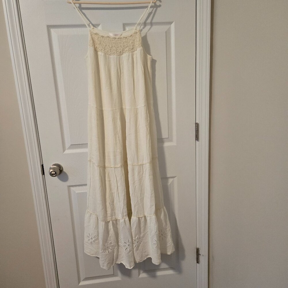 LC Lauren Conrad Crochet Trim Eyelet Adjustable Strap White Maxi Dress Size L